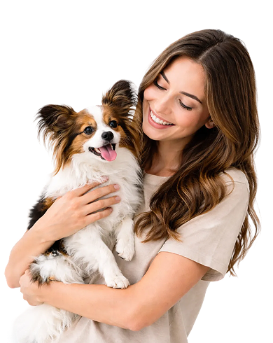 Happy groomed dog with owner